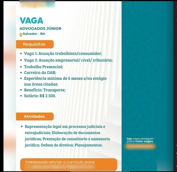 Escritório oferece R$ 2,5 mil para advogados por Reprodução