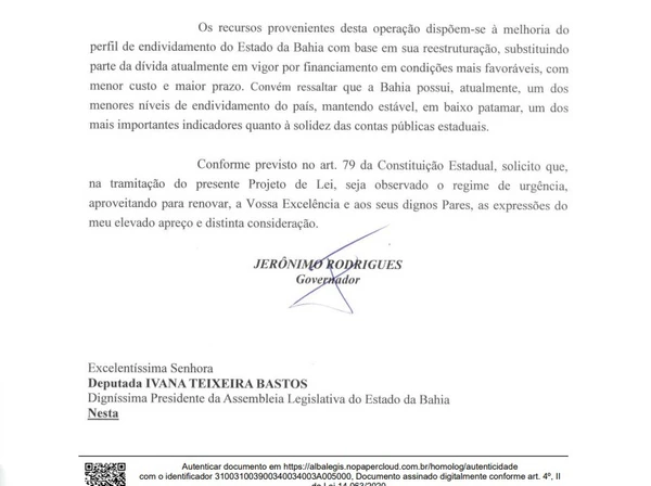 Documento de solicitação de autorização para novo empréstimo feito pelo governador  por Reprodução