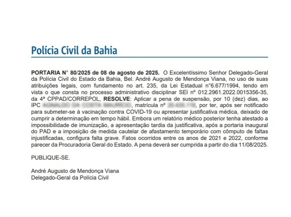 Portaria da Polícia Civil sobre o afastamento do investigador  por Reprodução