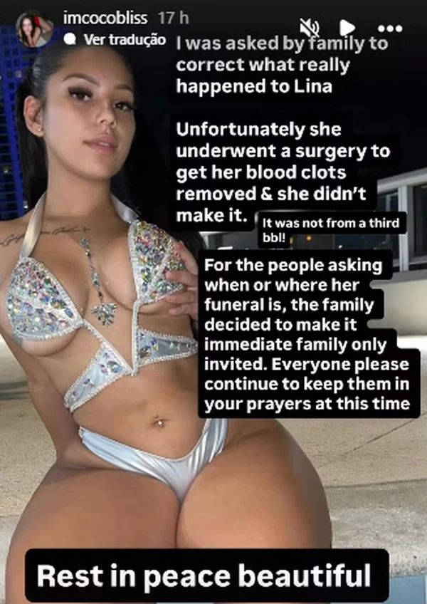 Post da cantora Coco Bliss esclarecendo a causa da morte de Lina Bina por Reprodução/Instagram