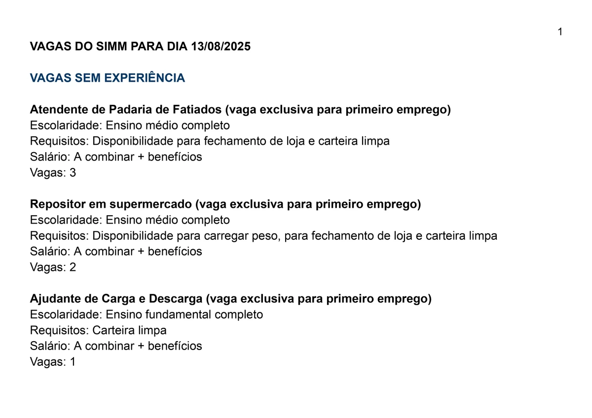 Vagas para esta quarta-feira (13) por Reprodução