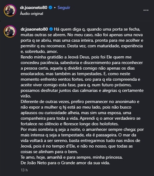 Na legenda, João Neto se declarou para a companheira por Reprodução/ Redes sociais
