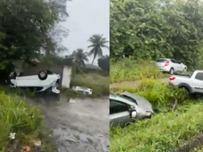 Imagem - Carro capota  na BR-324, e outros veículos saem da pista
