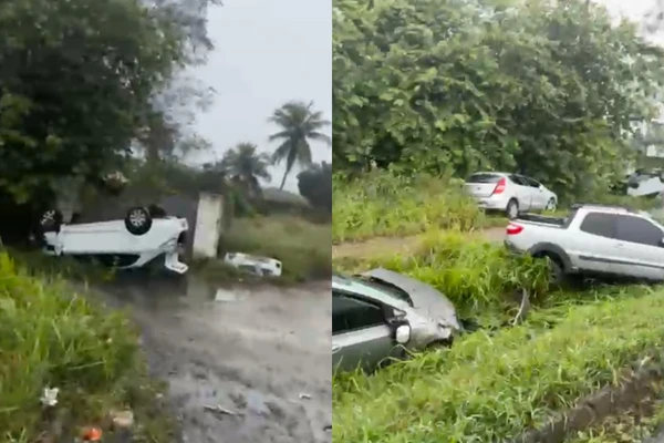 Em vídeo compartilhado no final da manhã deste domingo (17), ao menos quatro veículos foram flagrados fora da pista