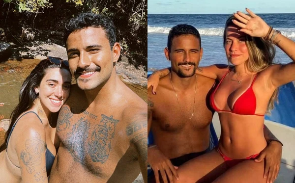 Lucas Pizane com a atual namorada, Giovanna Lima, e com a ex, Beatriz Esquivel