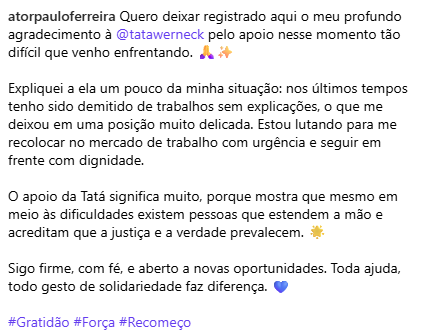 Mensagem de Tatá  por Reprodução | Instagram