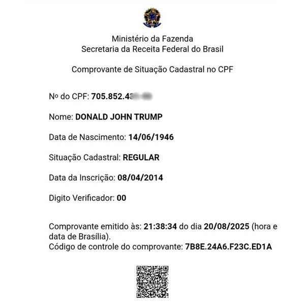CPF de Donald Trump por Receita Federal
