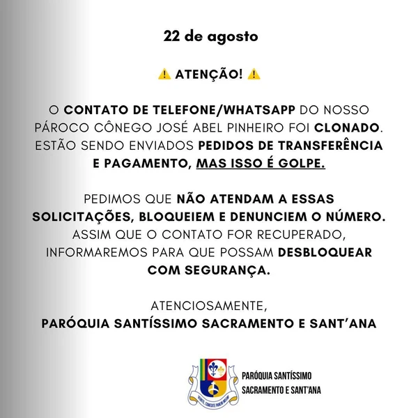 Comunicado da Paróquia Santíssimo Sacramento e Sant’Ana por Reprodução/ Redes sociais