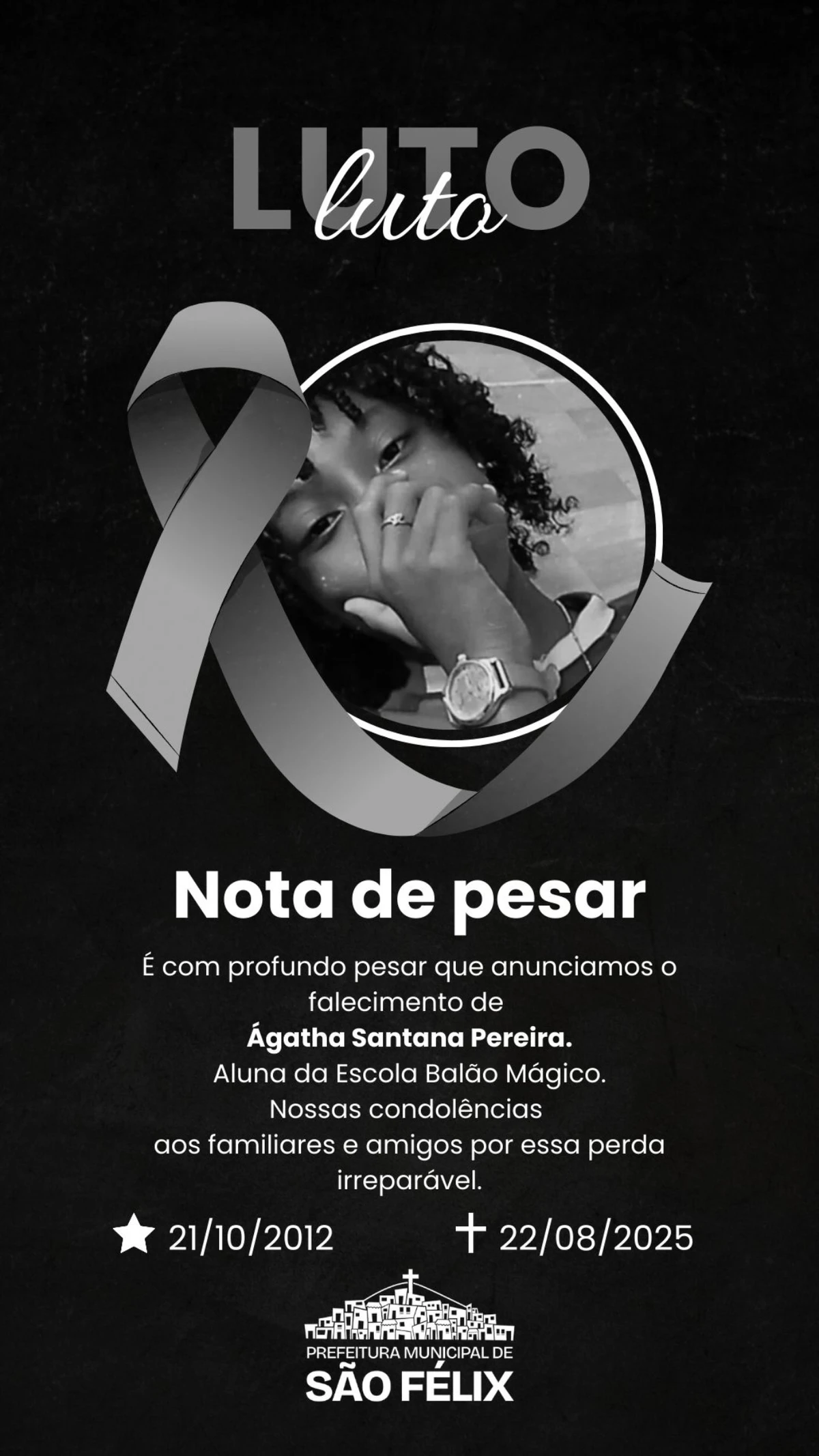 Prefeitura lamentou a morte da jovem por Reprodução/ Redes sociais