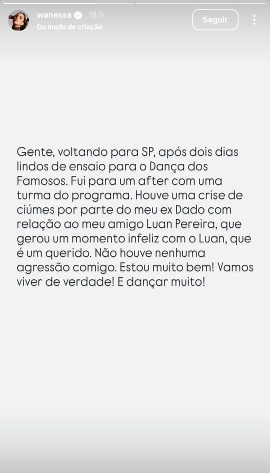 Em um pronunciamento, ela negou que foi agredida por Dado, mas confirmou a crise de ciúmes por Reprodução