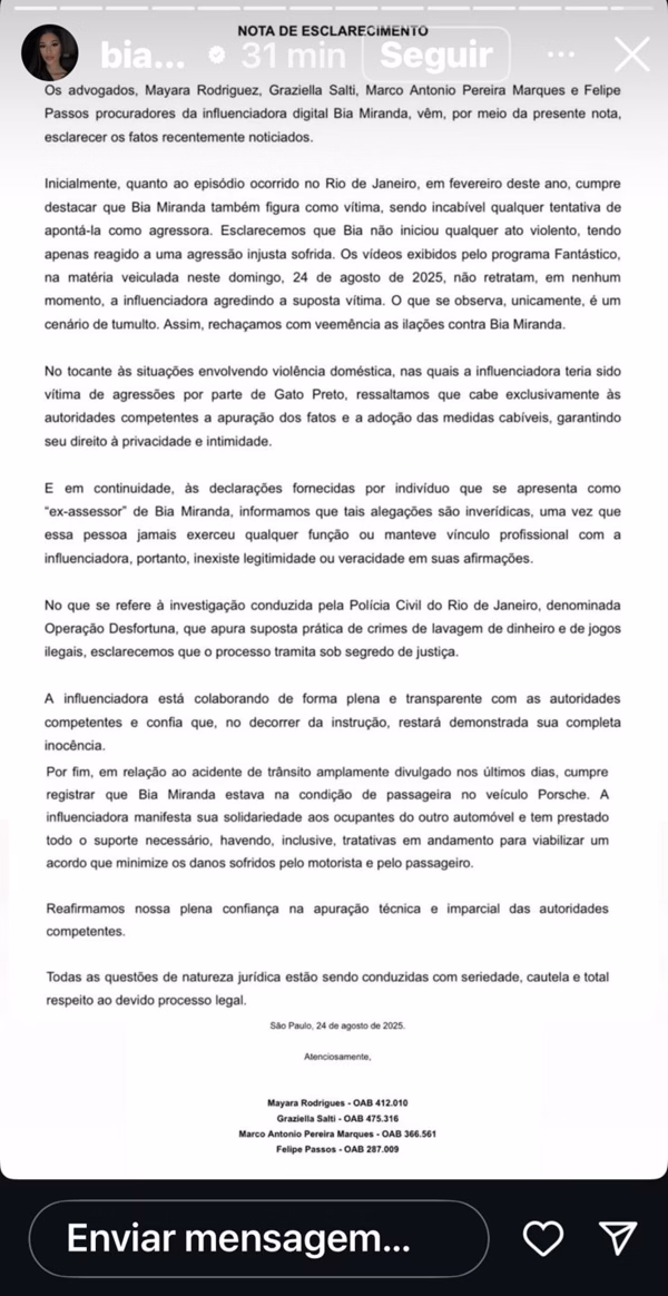 Comunicado de Bia Miranda por Reprodução