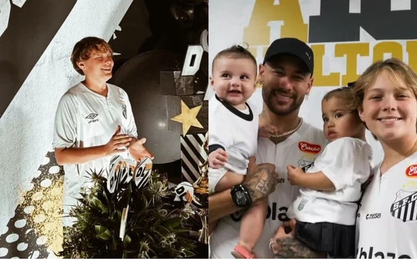 Neymar celebra os 14 anos do filho Davi Lucca com festa temática do Santos