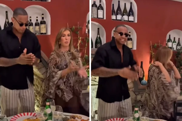 Leo Santana e Lore Improta em restaurante na Itália