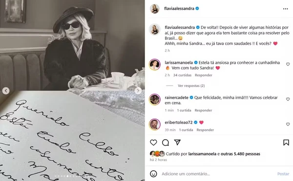 Elenco celebra volta de Sandra, personagem de Flávia Alessandra em Êta Mundo Melhor!  por Reprodução/Instagram