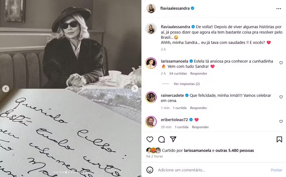 Elenco celebra volta de Sandra, personagem de Flávia Alessandra em Êta Mundo Melhor!  por Reprodução/Instagram