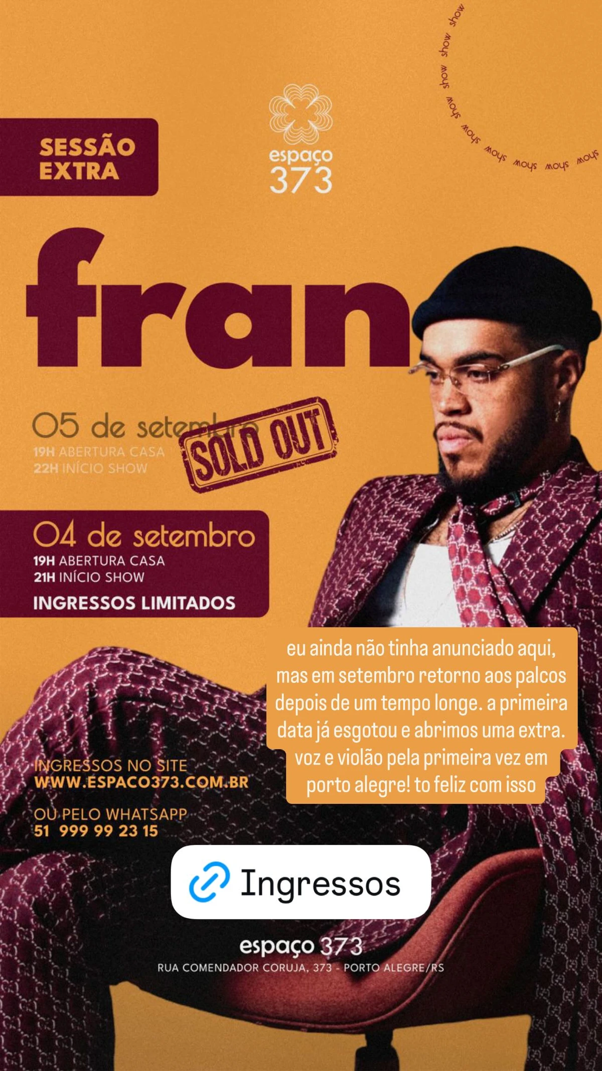 Stories de Francisco Gil por Reprodução/Instagram