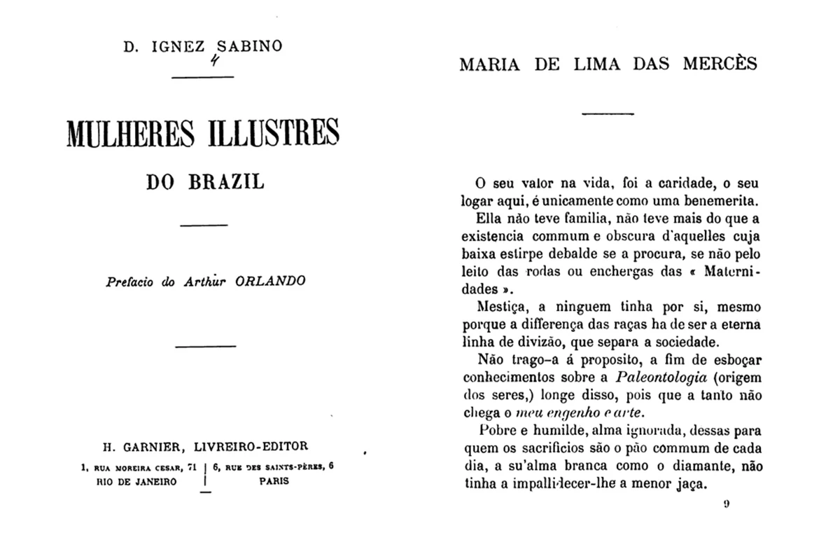 Livro de Ignez Sabino lançado no final do século 19 é uma das poucas referências sobre a vida da baiana Maria de Lima das Mercês