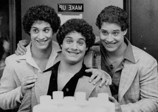 Robert Shafran (à esquerda), Eddy Galland (meio) e David Kellman (à direita) após o reencontro por Reprodução/Three Identical Strangers