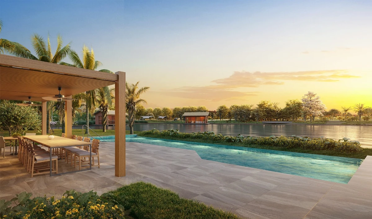 Perspectiva de uma das 4 piscinas com espaço Gourmet por pisc_chur