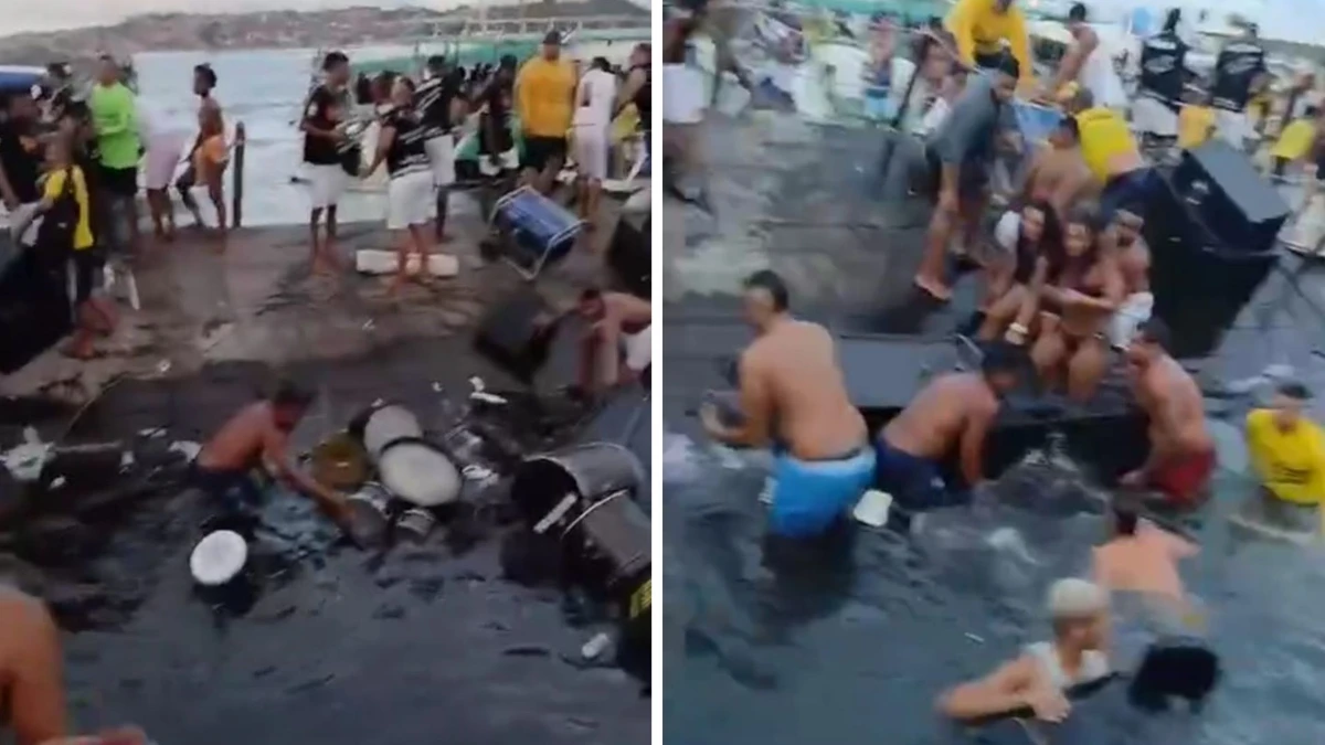Pessoas tentam salvar instrumentos após embarcação naufragar
