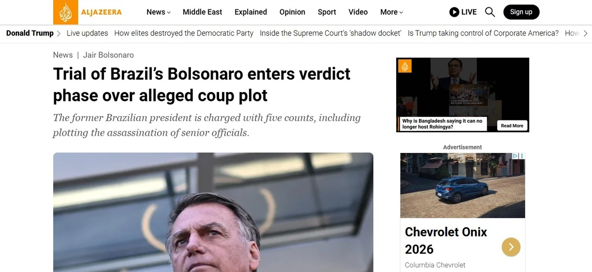 Al Jazeera (Catar): "Julgamento de Bolsonaro entra em fase de veredito por suposta conspiração de golpe" por Reprodução