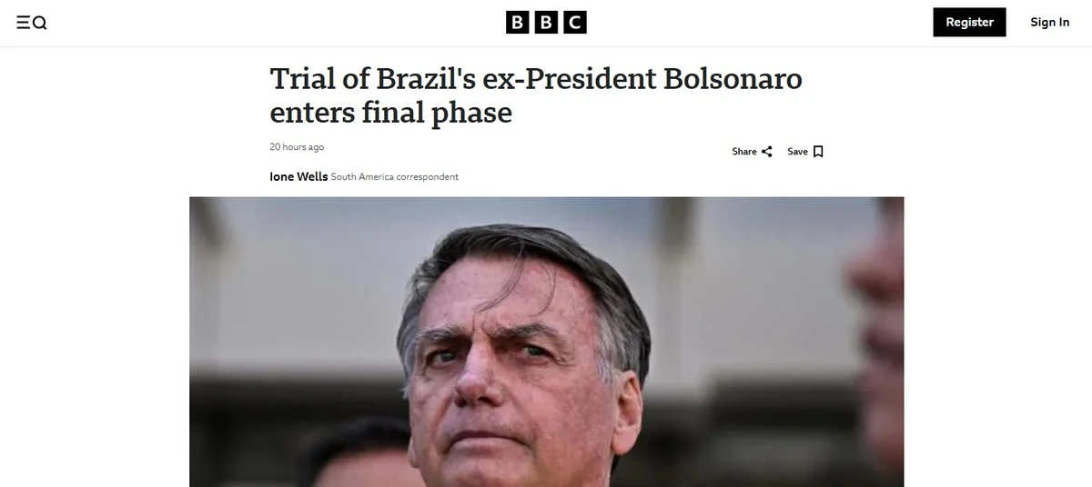 BBC (Inglaterra): "Julgamento do ex-presidente do Brasil Bolsonaro entra na fase final" por Reprodução