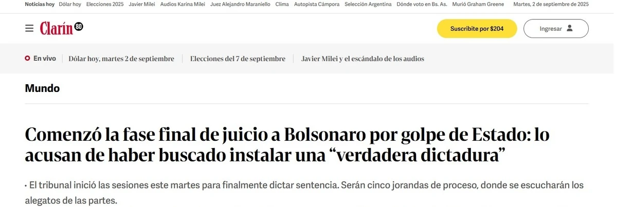 Clarín (Argentina): "Começou a fase final do julgamento de Bolsonaro por golpe de Estado: o acusam de ter buscado instalar uma 'verdadeira ditadura'" por Reprodução