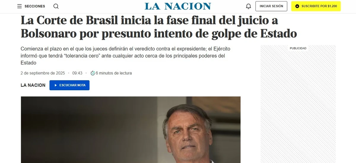 La Nacion (Argentina): "A Corte do Brasil inicia a fase final do julgamento de Bolsonaro por suposta tentativa de golpe de Estado" por Reprodução