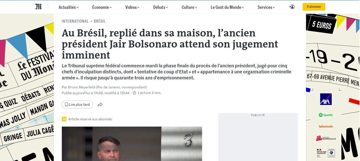 Le Monde (França): "No Brasil, recolhido em casa, o ex-presidente Jair Bolsonaro aguarda julgamento iminente" por Reprodução