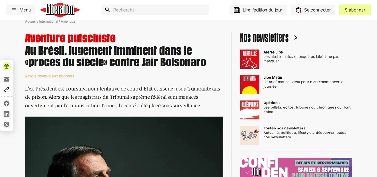 Libération (França): "Aventura de golpe - No Brasil, julgamento iminente do 'processo do século' contra Jair Bolsonaro" por Reprodução