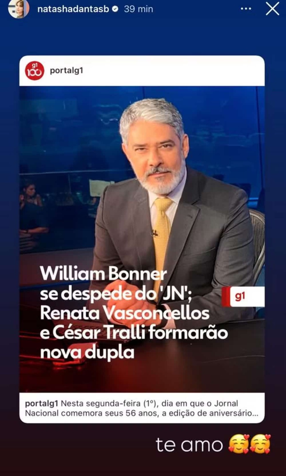 Natasha Dantas faz post comentando saída de William Bonner do Jornal Nacional  por Reprodução/Redes Sociais 
