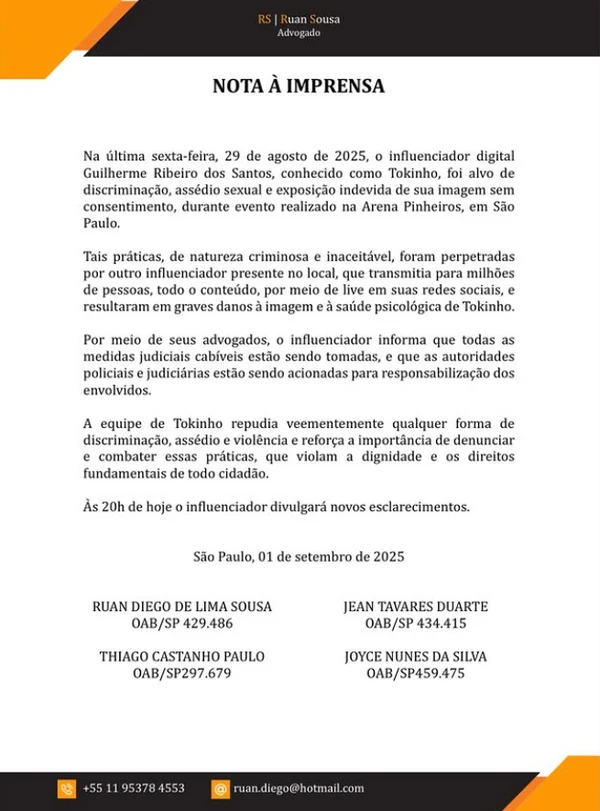 Nota divulgada pela imprensa de Tokinho