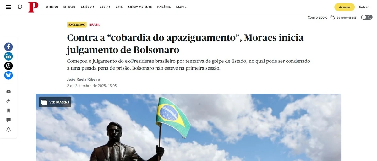 Público (Portugal): "Contra a 'covardia do apaziguamento', Moraes inicia julgamento de Bolsonaro" por Reprodulção