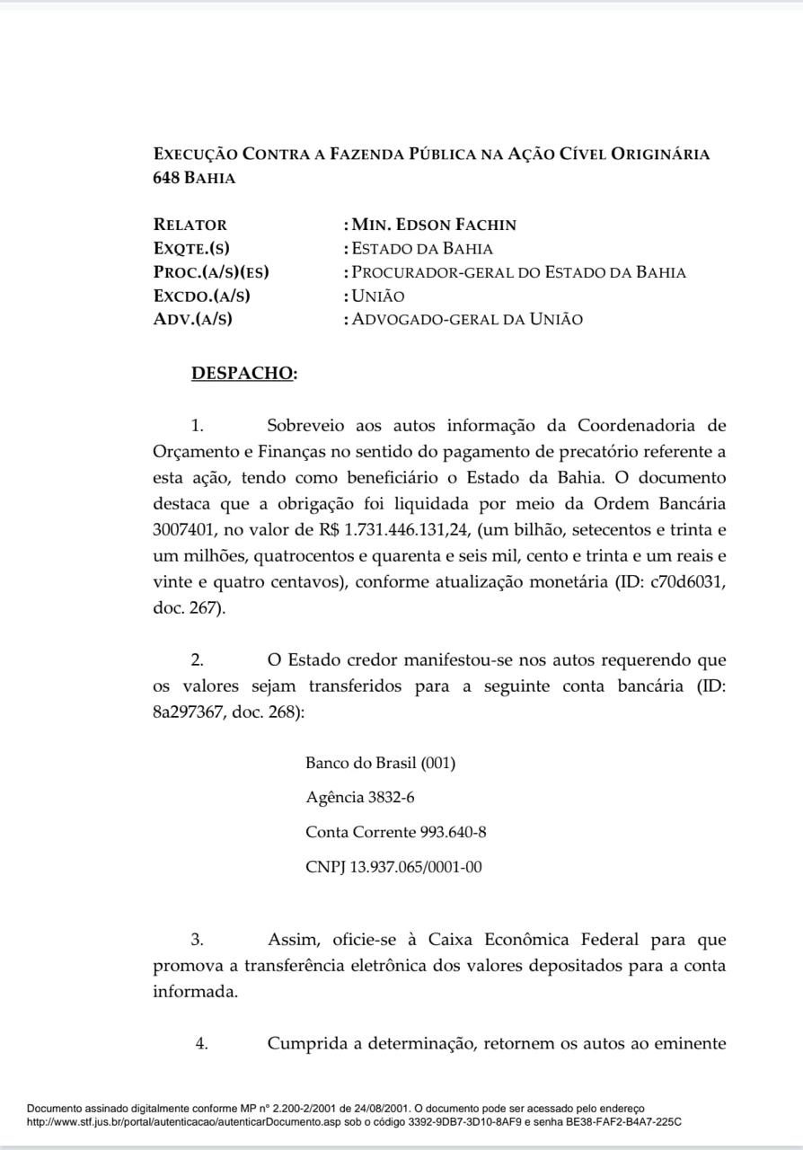 STF autoriza repasse para o Governo do Estado por Reprodução