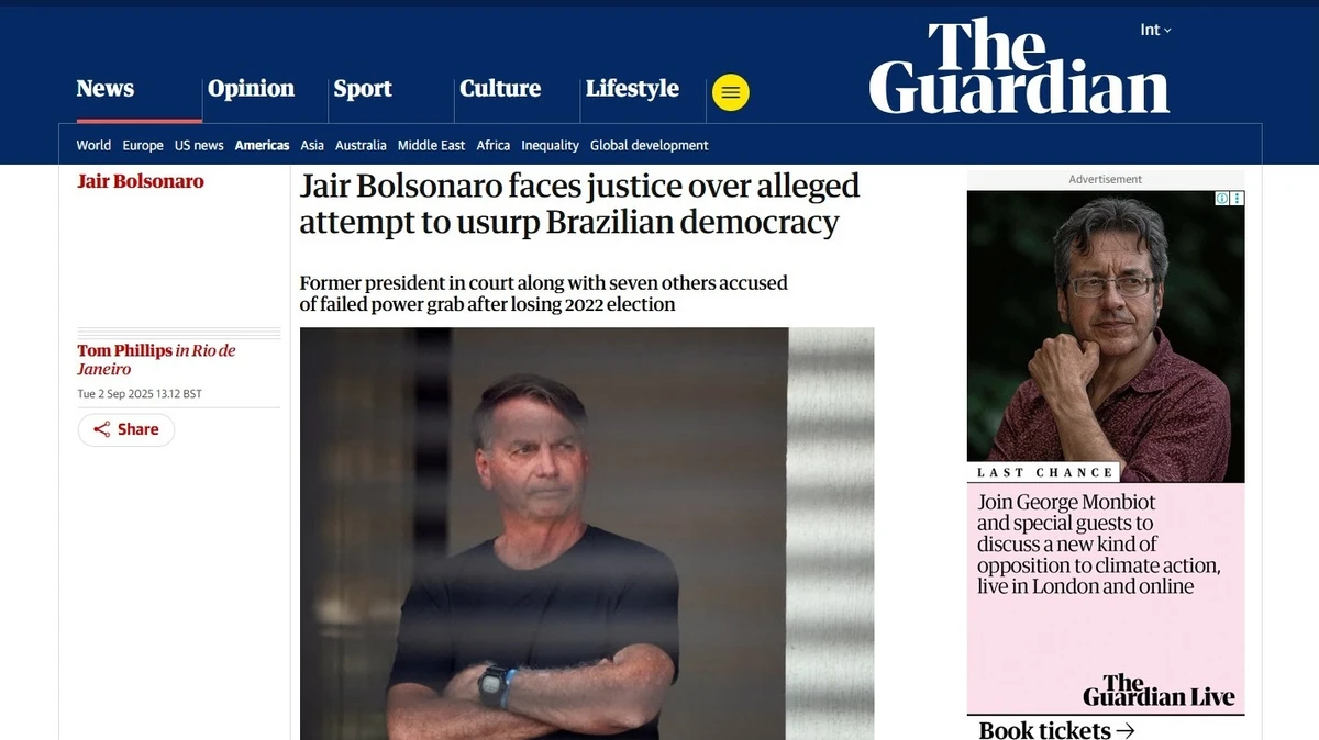 The Guardian (Inglaterra): "Jair Bolsonaro enfrenta Justiça por suposta tentativa de usurpar a democracia brasileira" por Reprodução