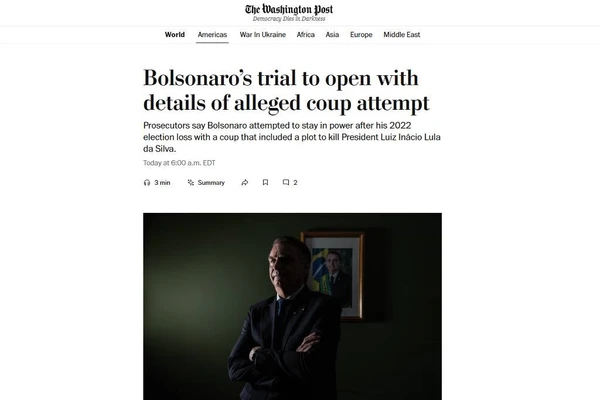 The Washington Post (EUA): "Julgamento de Bolsonaro será aberto com detalhes de suposta tentativa de golpe" por Reprodução
