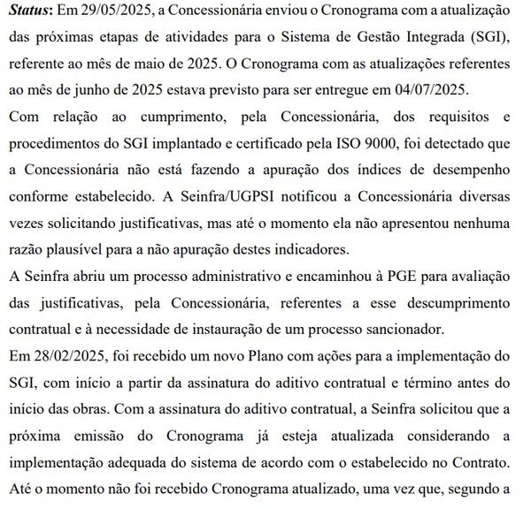 Relatório indica que a concessionária deve esclarecer sobre o Sistema de Gestão Integrada (SGI) por Reprodução