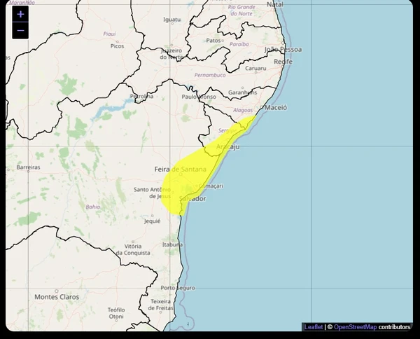Regiões afetadas pelo acumulado de chuva  por Inmet 