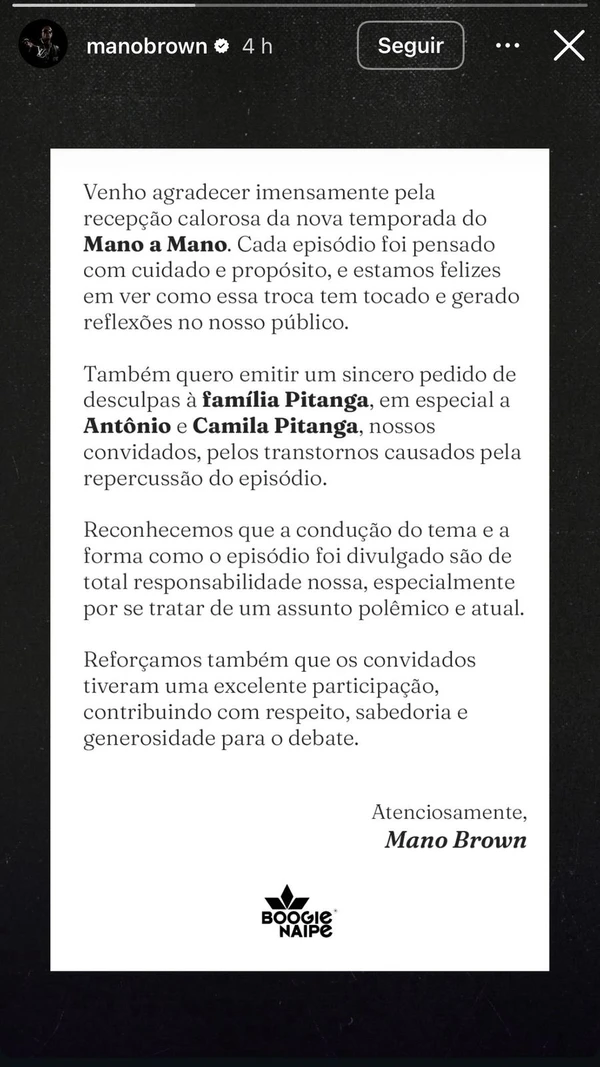 Desculpa de Mano Brown e equipe à Camila Pitanga