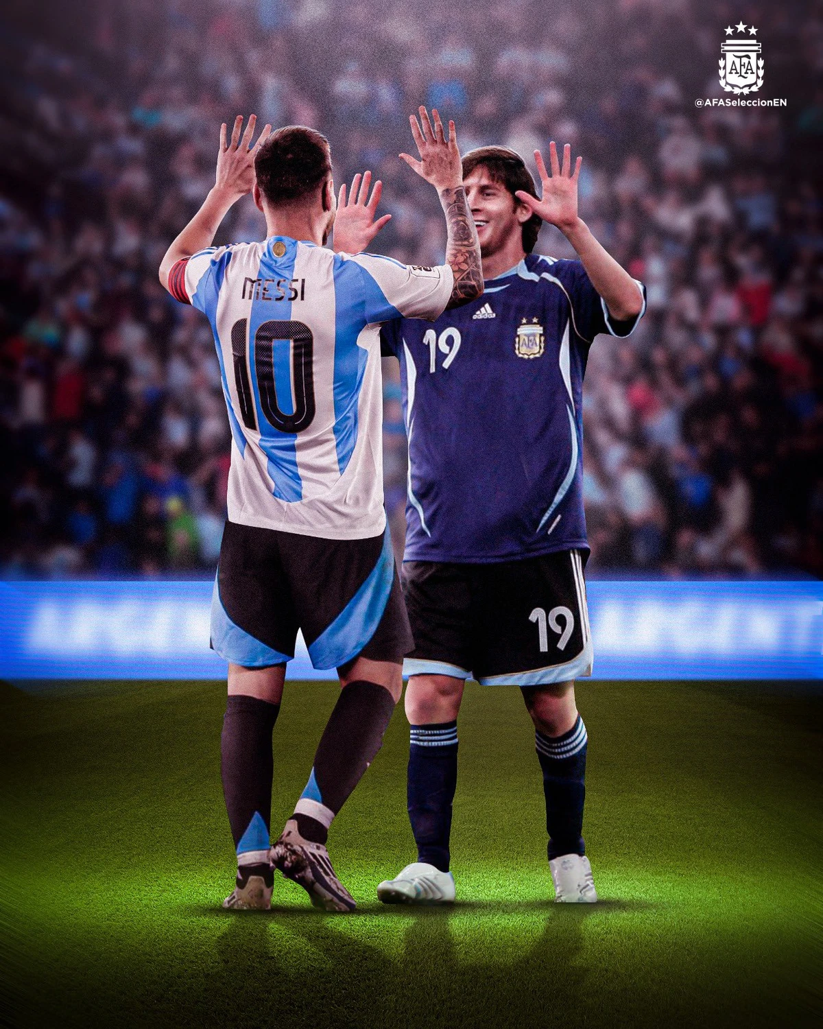 Montagem mostra Messi estreante e o Messi veterano juntos por AFA