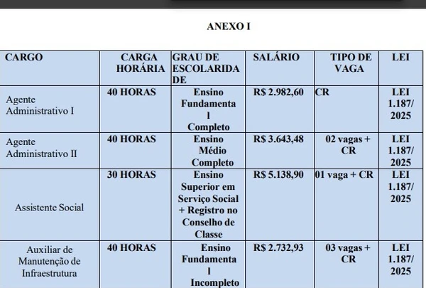 Quadro de vagas, cargos, horários e salários do concurso da Prefeitura de Nova Santa Helena por Reprodução/Edital