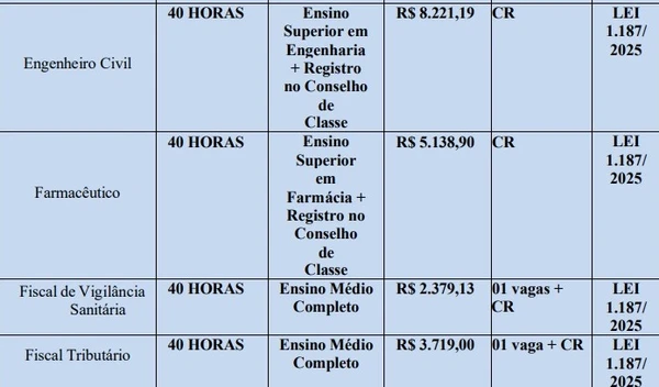 Quadro de vagas, cargos, horários e salários do concurso da Prefeitura de Nova Santa Helena por Reprodução/Edital