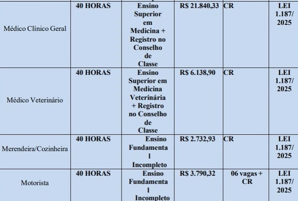 Quadro de vagas, cargos, horários e salários do concurso da Prefeitura de Nova Santa Helena por Reprodução/Edital