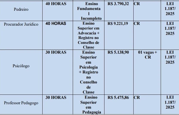 Quadro de vagas, cargos, horários e salários do concurso da Prefeitura de Nova Santa Helena por Reprodução/Edital