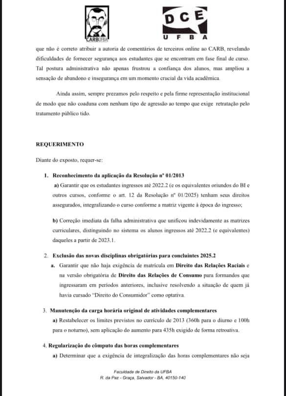 Ofício Circular enviado pelo Carb e DCE por Reprodução 