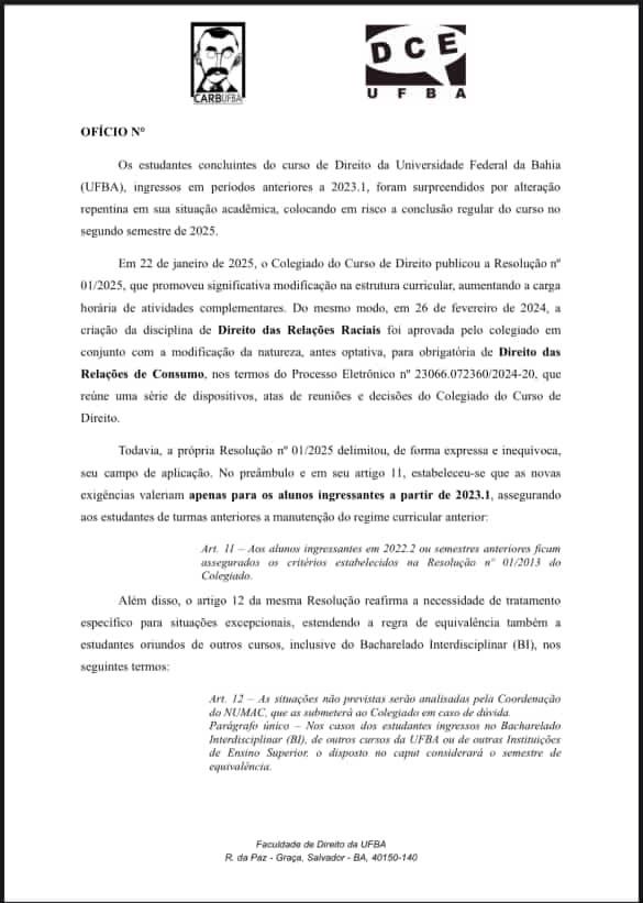 Ofício Circular enviado pelo Carb e DCE por Reprodução 