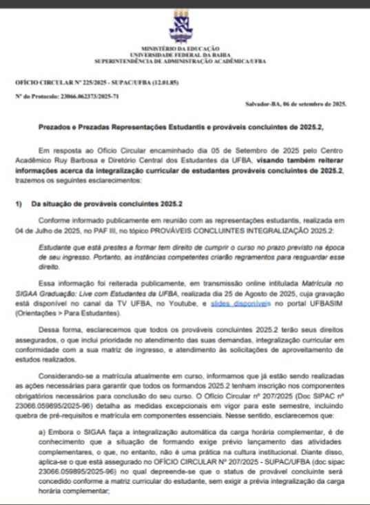 Ofício da Supac/Ufba por Reprodução