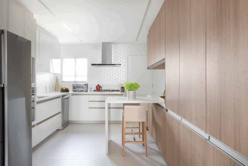 É importante definir o tamanho da bancada conforme a área de circulação na cozinha (Projeto: Rawi Arquitetura + Design | Imagem: Alexandre Disaro)
