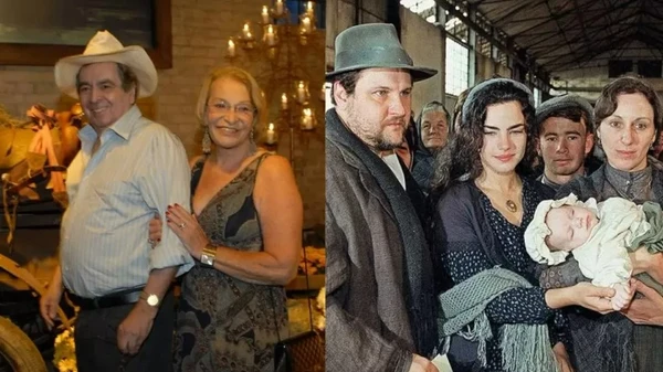 Benedito Ruy Barbosa, autor de 'Terra Nostra', com a esposa Marilene Barbosa; ao lado, Antonio Calloni, Ana Paula Arósio e Lu Grimaldi na novela de 1999 por Reprodução/Redes sociais/Divulgação/Globo