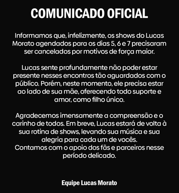 Comunicado do filho de Péricles, Lucas Morato, sobre falecimento da mãe por Reprodução/Redes Sociais 